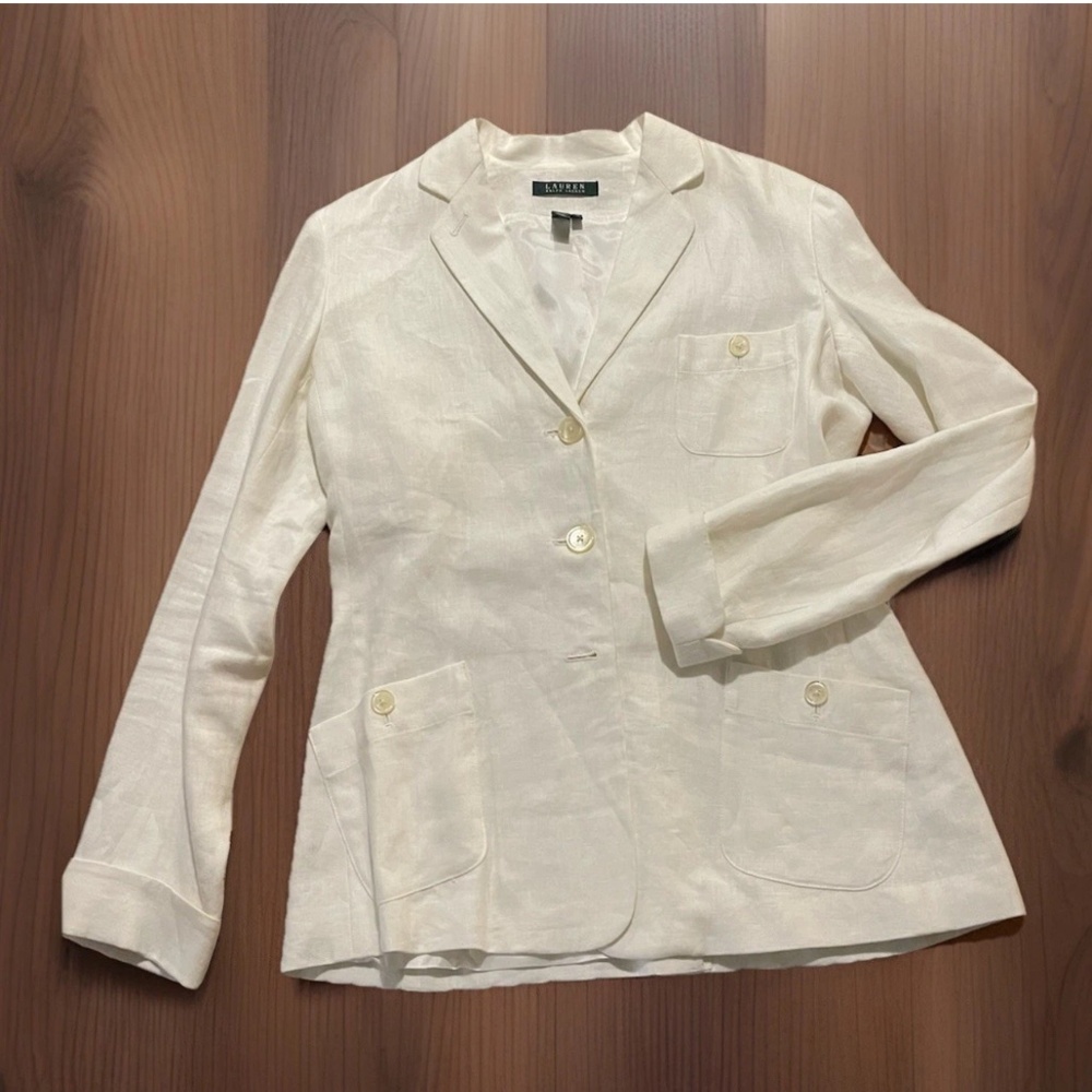 Lauren Ralph Lauren Women’s Ivory 100% Linen Blazer 10 Preppy Old Money Office
